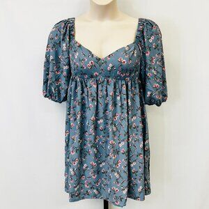 Wayf Floral Print Babydoll Tunic Dress Size M Puff Sleeve Square Neck Blue